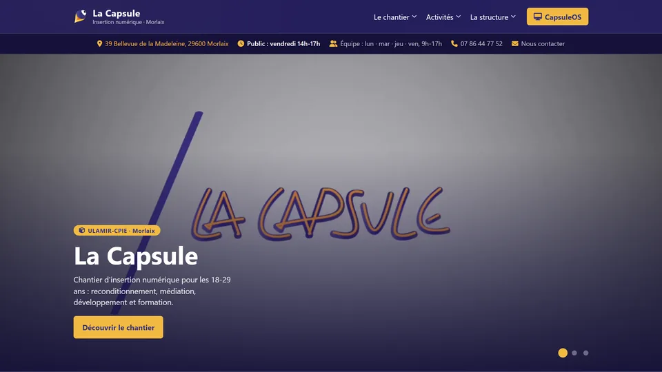Page d’accueil du site La Capsule, Chantier d’insertion numérique